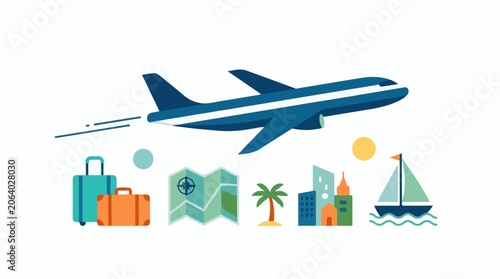 A stylized illustration of a plane flying over travel-related icons