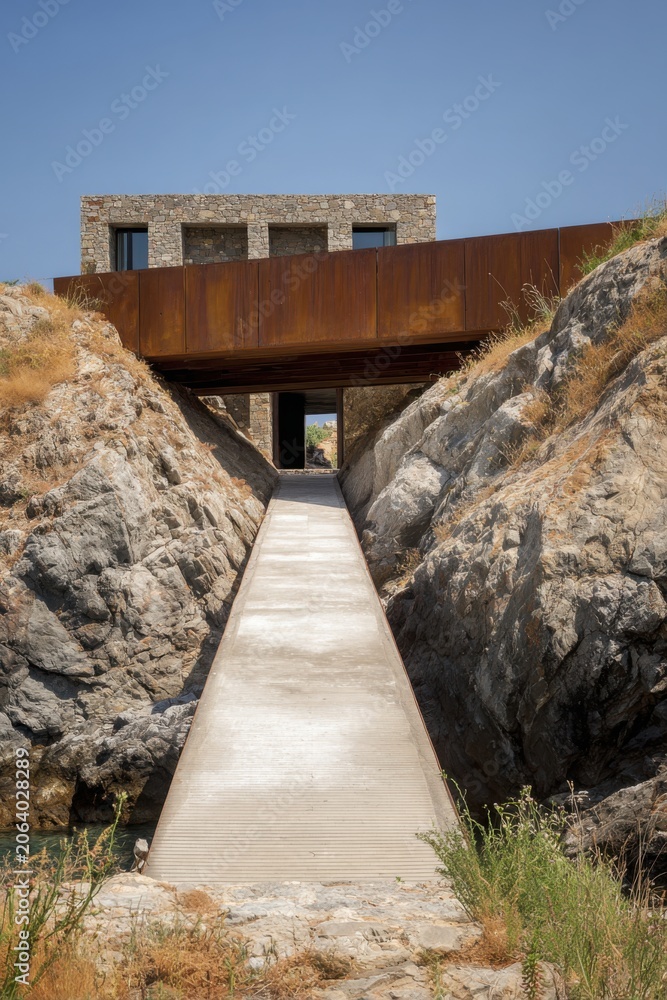 Fototapeta premium A structure is prominently situated atop a rugged pathway that gracefully descends towards a serene body of water, basking in the warmth of the sun on an idyllic island