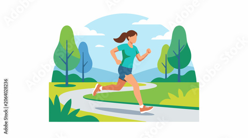 A woman runs on a winding path through a park
