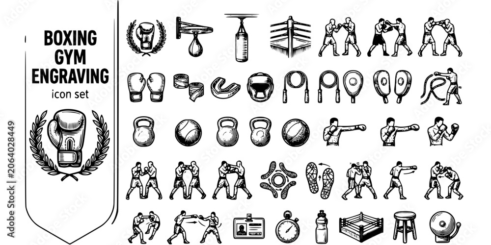 Fototapeta premium Boxing Gym Engraving Black White-Speed Bag Heavy Station Ring Corner-Combat Vector-Boxing Icon Engraving-Gym Fitness Design Set