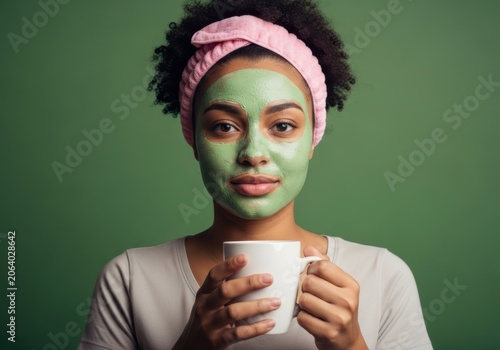 Young woman with a green clay face mask and a pink headband holding a white mug, enjoying a relaxing skincare routine against a green background