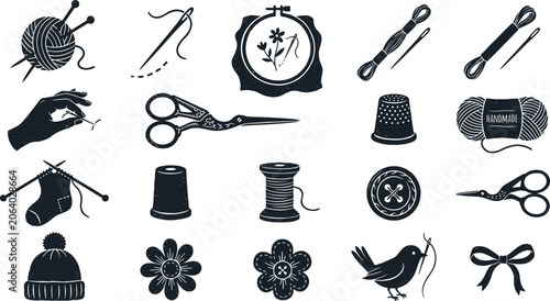 Foto Handmade sewing and knitting black silhouette icons set featuring yarn balls, em