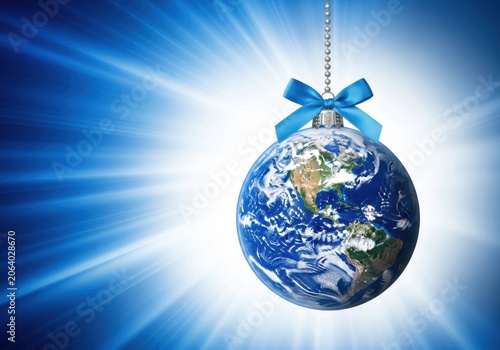 Earth globe as a christmas ornament hanging with a blue ribbon against a bright blue radiant background