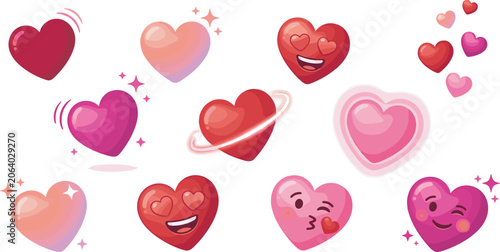 Cute pink and red heart emoji sticker set, romantic valentine elements, glowing hearts with funny face expressions for love concept, isolated vector illustration.