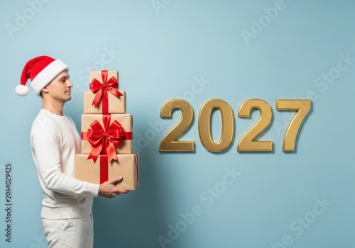 Young man in santa hat holding a stack of gift boxes with red ribbons on a light blue background with golden 2027 numbers