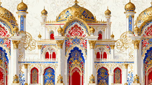 Foto An ornate and intricately detailed facade of a grand palace or mosque, adorned with golden domes and vibrant blue and red decorative elements