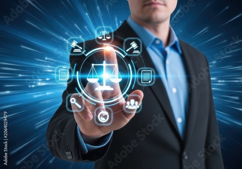Businessman interacting with digital law and justice interface, legal technology concept, lawyer using virtual screen with legal icons, attorney working with law software