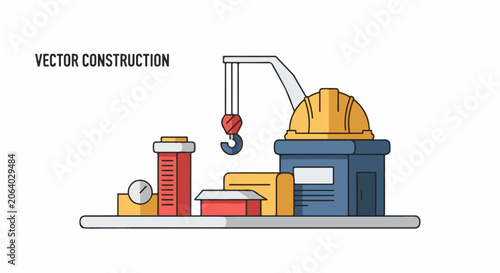 Colorful illustration of a construction site with a crane, hard hat, and building materials