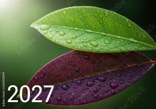 Two leaves with water droplets, one green and one purple, closeup nature photography with soft bokeh background
