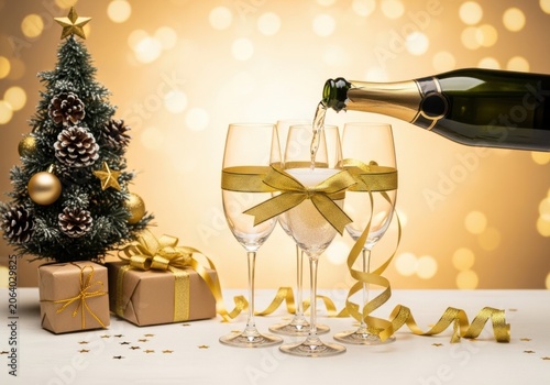 Champagne being poured into glasses with golden ribbons and christmas decorations on a festive background