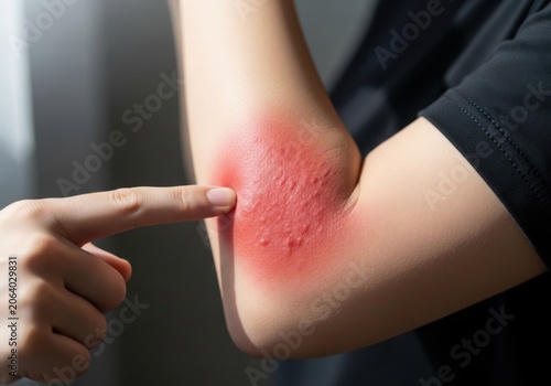 Closeup of a person pointing to a red, itchy, and irritated skin rash on their inner elbow, indicating dermatitis or an allergic reaction