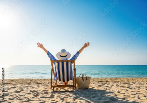 Woman sitting on a beach chair with arms raised, enjoying a sunny day at the seaside, wearing a straw hat and a striped shirt, relaxing on the sand