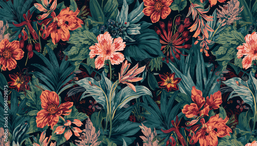 Vibrant tropical floral pattern with lush orange and red blossoms intertwined with dark teal and green leaves, creating a dense botanical wallpaper design.