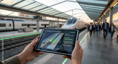 Operator using an AI tablet to monitor crowd density and platform flow at a station.