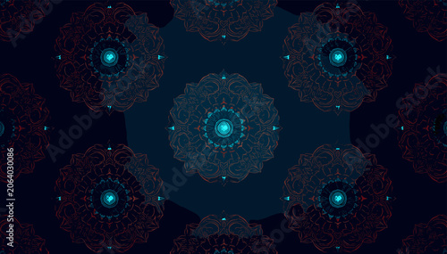 Tablou pe pânză Intricate repeating pattern of glowing teal and dark blue mandala-like designs with ornamental details, creating a mystical and abstract background