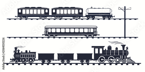 Foto Set of isolated railway train and carriage silhouettes on tracks with train trac