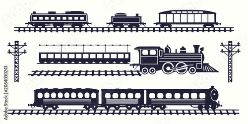 Quadro su tela Collection of vintage steam and passenger train silhouettes on railway tracks wi