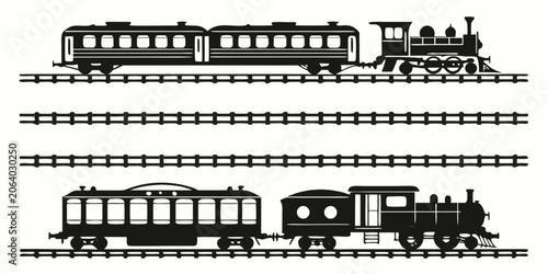 Quadro su tela Classic steam train and carriage silhouettes with empty railway tracks rail tran