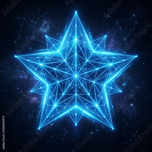 Glowing Blue Geometric Starburst in Cosmic Nebula Background