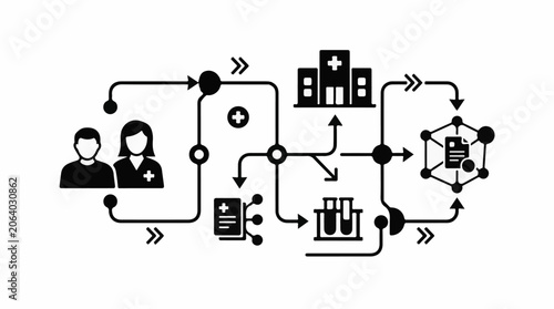 A black and white diagram illustrating a medical process
