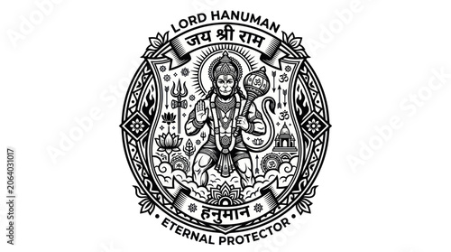 Foto Lord hanuman hindu deity emblem with mace and sacred symbols