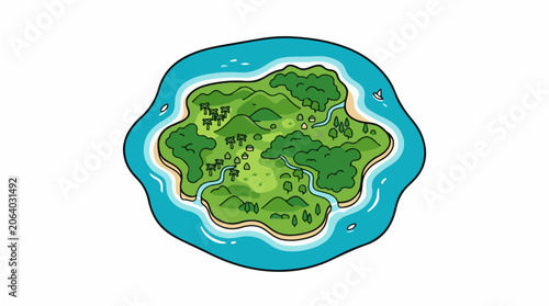 A cartoon illustration of a lush green island with a blue ocean