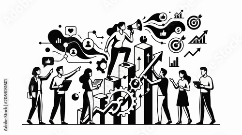 A black and white illustration of people working together with various business and social media symbols