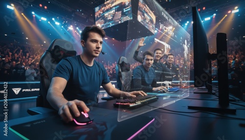 Professional esports gamer competing in arena tournament with team victory and live audience celebration