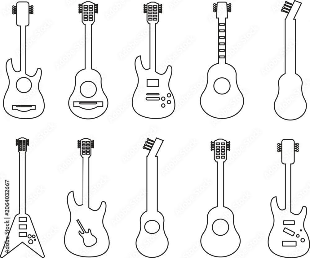 Naklejka premium A stylish collection of guitar icons in solid black vector style. Features acoustic guitars, electric guitars, bass guitars, guitar picks, and musical symbols. Perfect for music apps, bands, concerts,