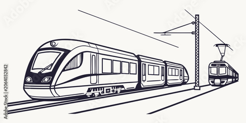 Fényképezés Modern commuter trains arriving at platform with power infrastructure high speed