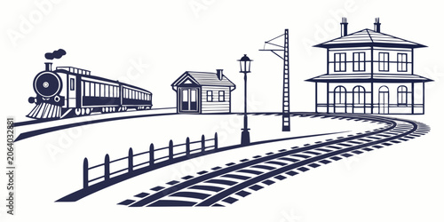 Foto Vintage style steam train at a railway station with platform building and signal