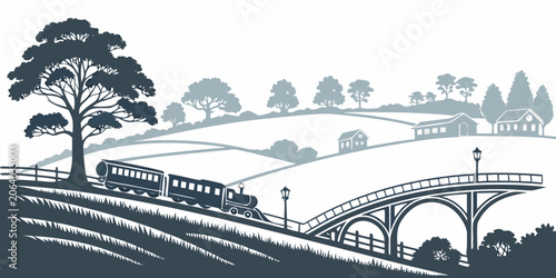 Konstfotografi Vintage steam train crossing rural countryside bridge vector illustration with s