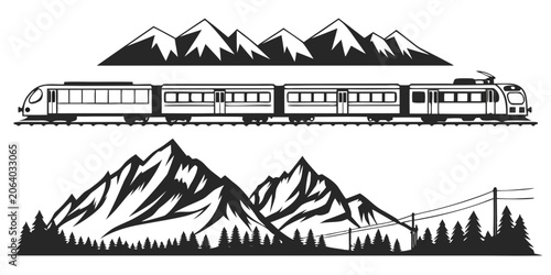Konstfotografi Modern commuter train and mountain scenery graphic silhouettes with mountain sil