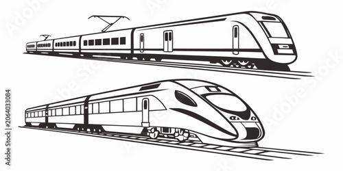 Obraz na płótnie Modern high-speed passenger trains on railway tracks vector illustration with lo