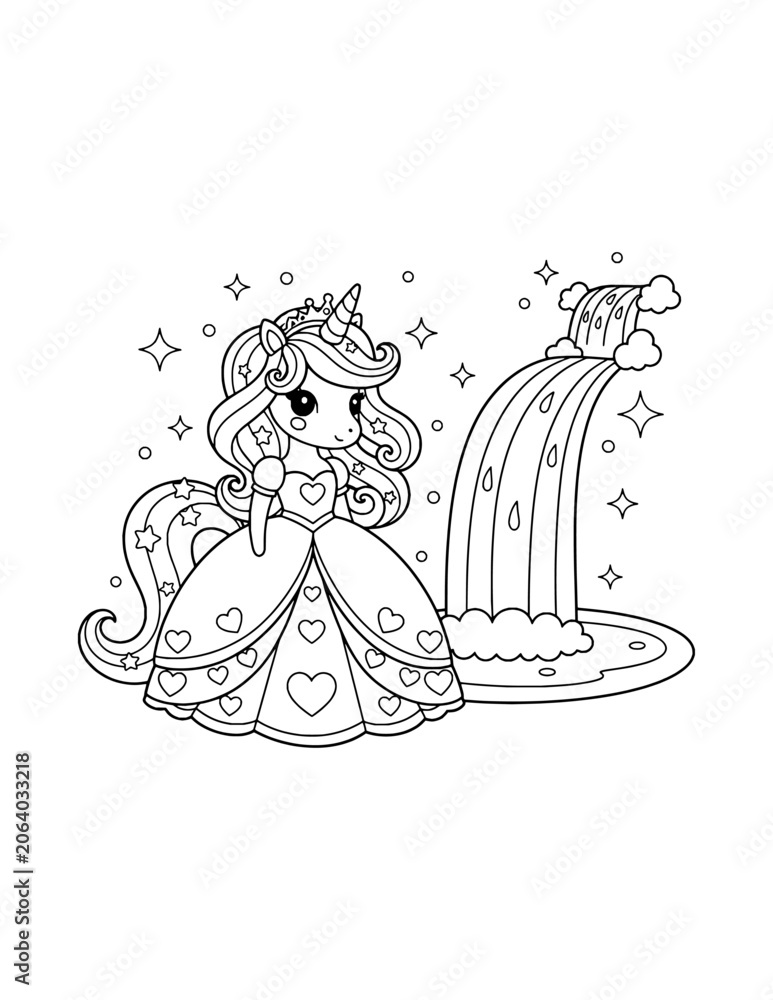 Fototapeta premium Cute Unicorn Princess Standing Beside a Rainbow Coloring Page – Printable Black and White Outline Educational Worksheet for Kids