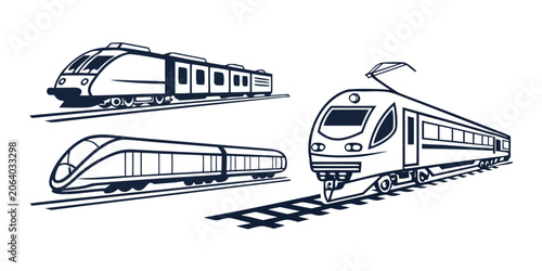 Fényképezés Black and white graphic set of three distinct passenger trains on railway tracks