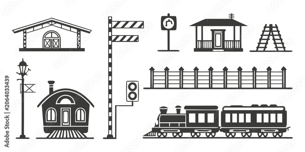Fototapeta premium Train station and railway infrastructure icon set for transport design with railway track railway crossing railroad infrastructure locomotive