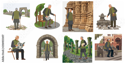 Fotografía Flat vector illustration set of a senior Indian man in traditional attire exploring historical sites and enjoying daily retirement activities