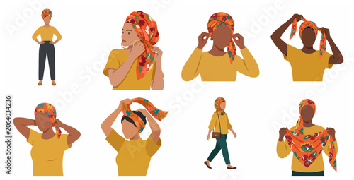 Foto Set of diverse women tying and wearing stylish floral headwraps and turbans, step-by-step vector illustration