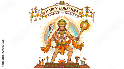 Canvastavla Hanuman holding mace with happy dussehra banner and festive decor