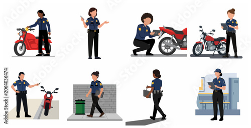 Female police officer character set performing various duties like traffic inspection and report writing, professional flat vector illustration