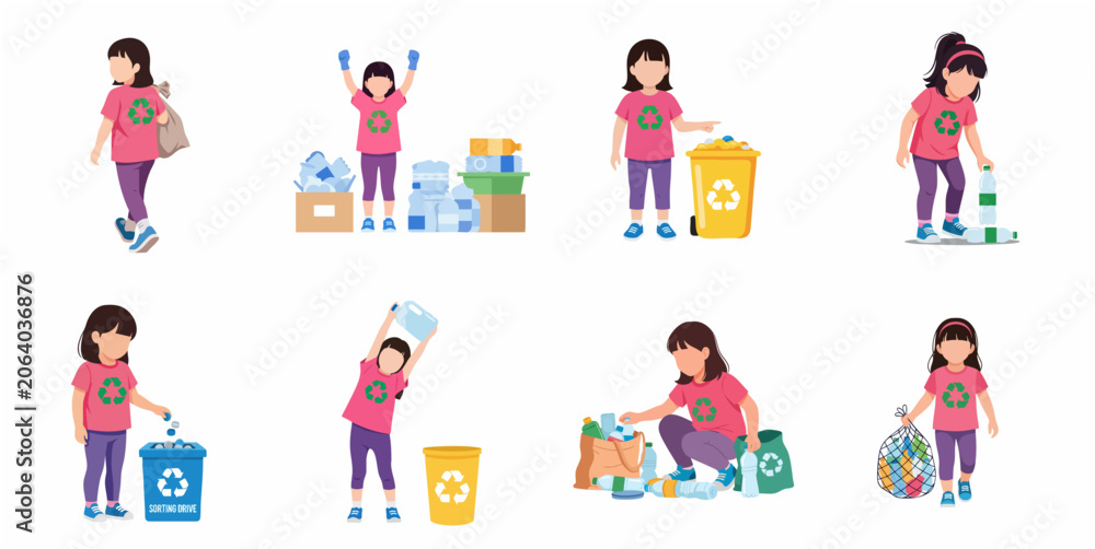Fototapeta premium Set of little girl characters engaged in waste sorting, plastic bottle collection, and recycling activities for environmental protection