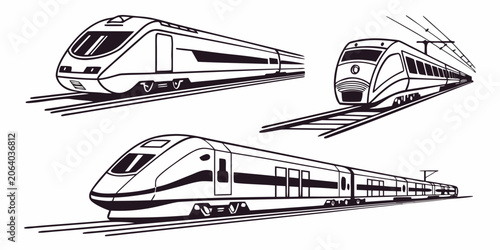 Vászonkép Set of modern high-speed trains vector illustration in black and white line art
