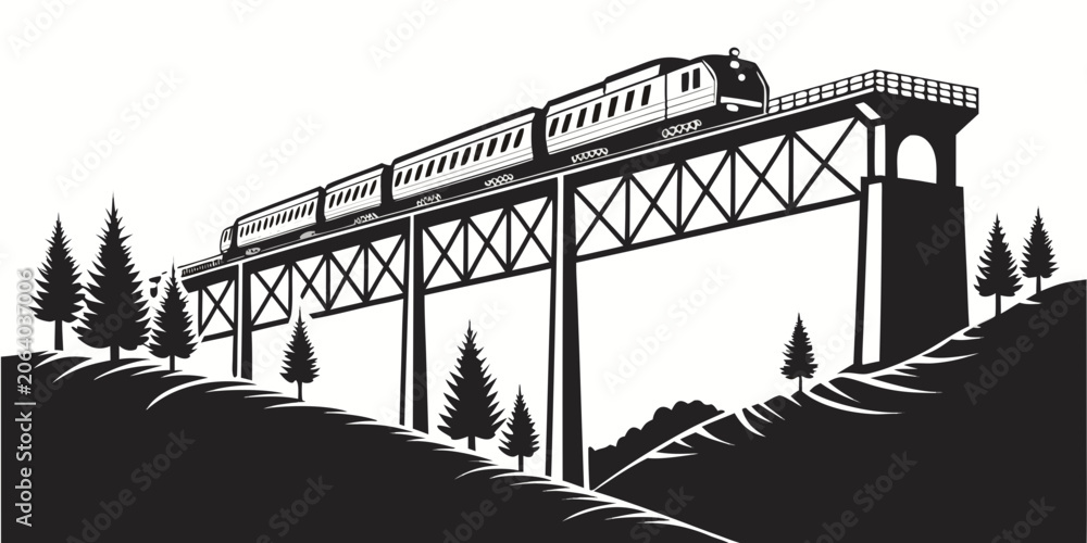Fototapeta premium Black and white illustration of a passenger train traveling on a steel railroad bridge through a forest landscape with transportation, locomotive