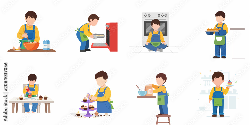 Fototapeta premium Set of Little Boy Baking and Decorating Cupcakes in the Kitchen Illustrations