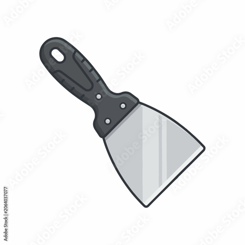 A flat metal scraping tool with a black handle, used for applying or removing materials.