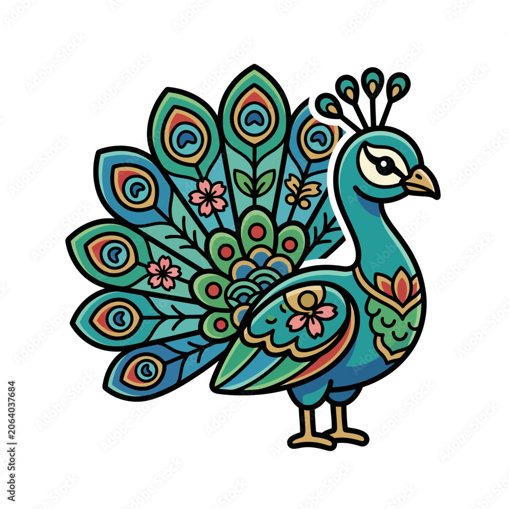 Fototapeta premium A colorful cartoon peacock illustration with open feathers