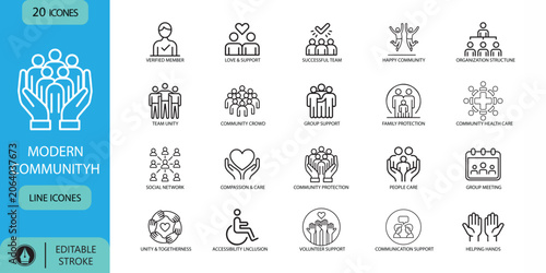 Modern Community Outline Icon Set featuring people, friendship, social interaction, and inclusion concepts. Thin linear illustration. Editable stroke. Vector illustration.