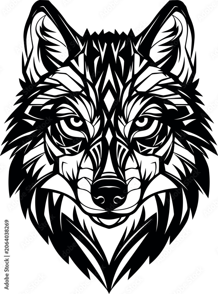 Fototapeta premium Detailed tribal style wolf head illustration with geometric patterns and fierce expression