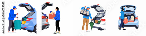 Canvastavla Set of flat vector illustrations of people loading suitcases, boxes, and bags into car trunks for travel, transport, and moving house